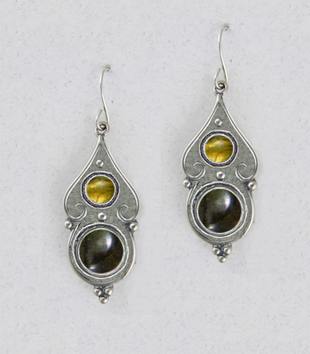 Sterling Silver Spectrolite And Citrine Gemstone Drop Dangle Earrings